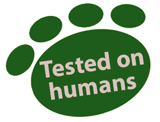 Paw with text: Tested om humans